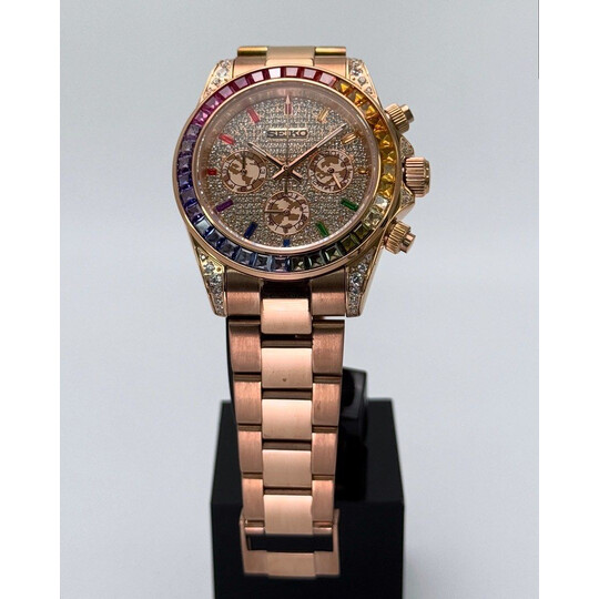 Custom Seiko Mod • Double Rainbow Pave Diamond Rose Gold Daytona • 39.5mm